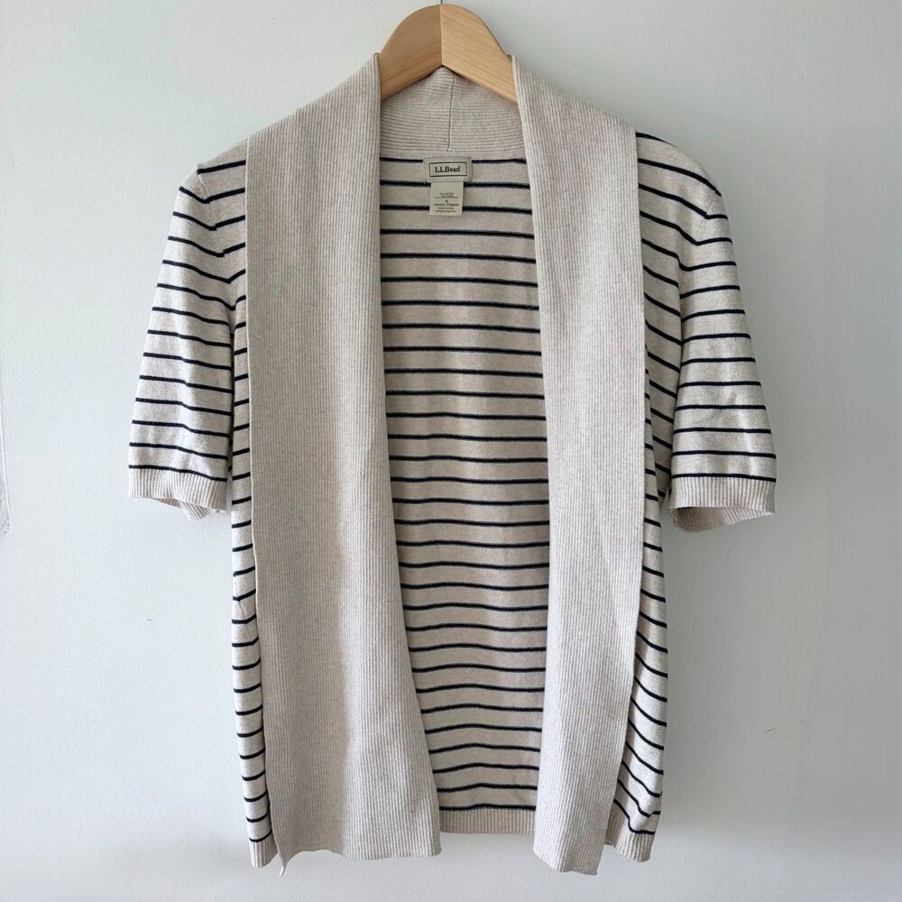 L.L.BEAN Beige Navy Short Sleeve Open Front Striped Shawl Cardigan Womens Small